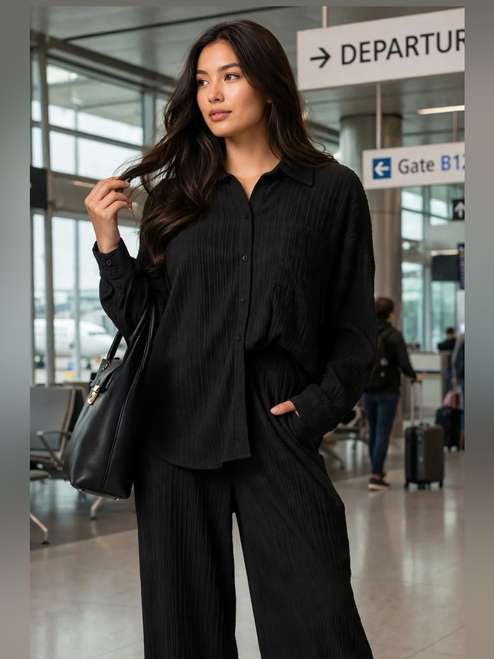 Casual 2 piece Crinkle Button-Up Top and Wide Leg Pants Set